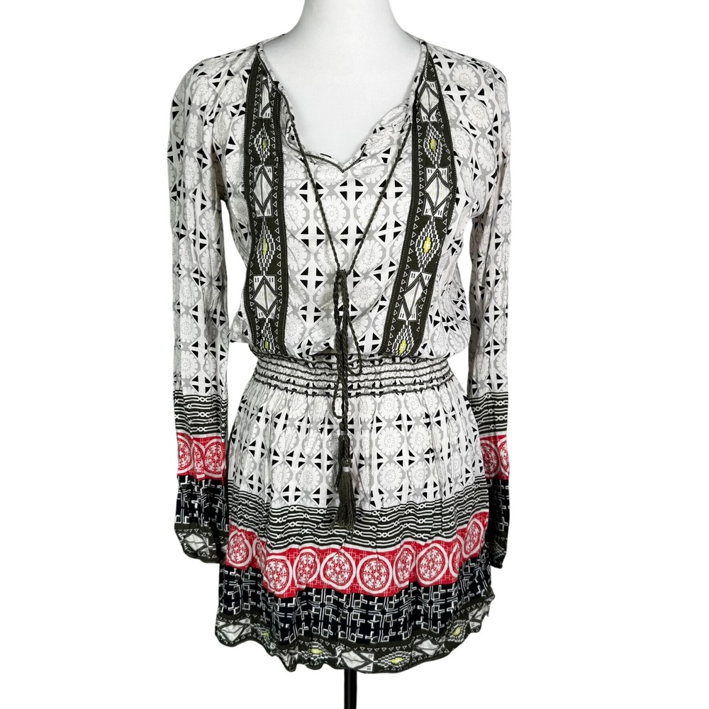 CHELSEA & VIOLET Women Medium White Black Long Sleeve Mini Dress Tassel Bohemian